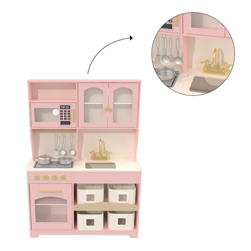 Custom Pink Wooden Play Kitchen Set, Realistic Pretend Play Toddler Kitchen
