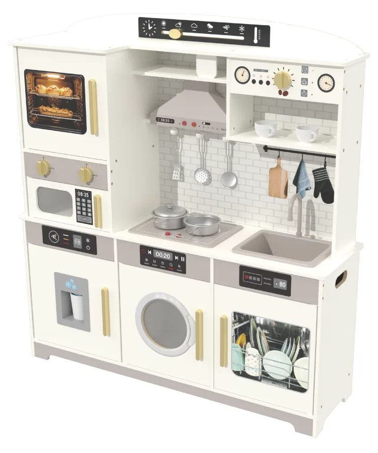 Multi-functional wooden play kitchen set with blackboard for pretend play