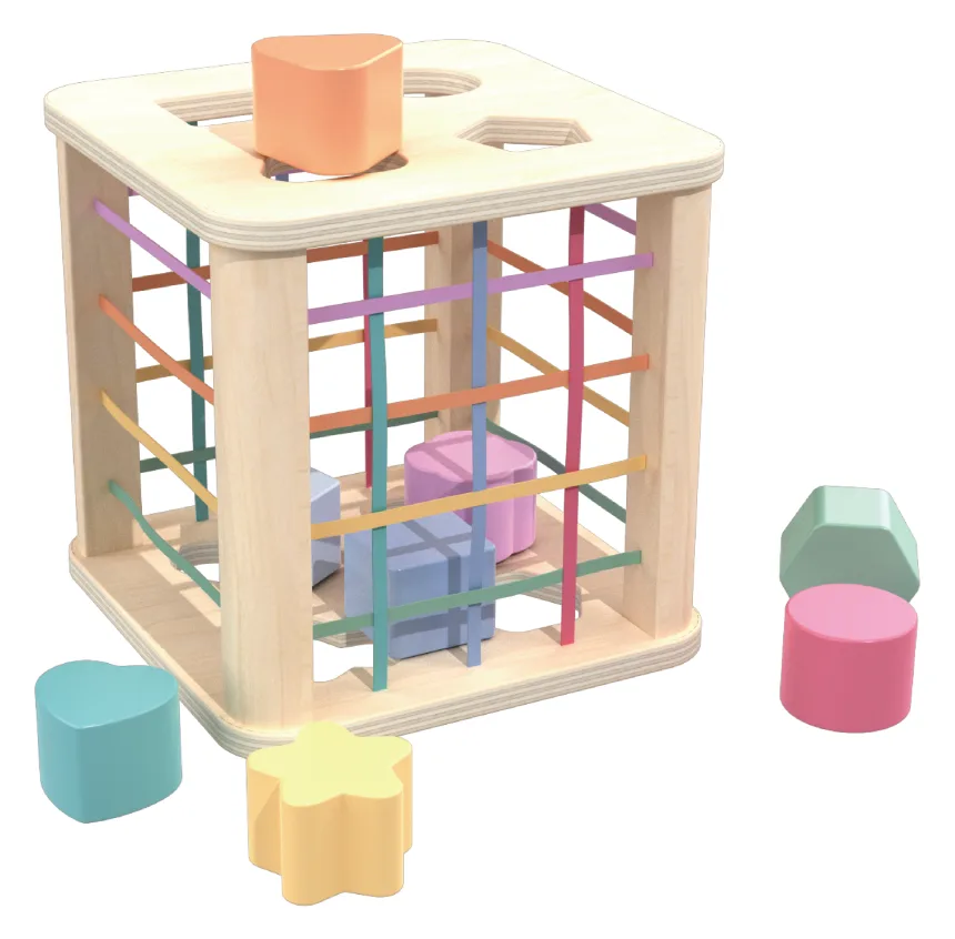 Wooden shape sorter cube with sensory blocks for toddlers