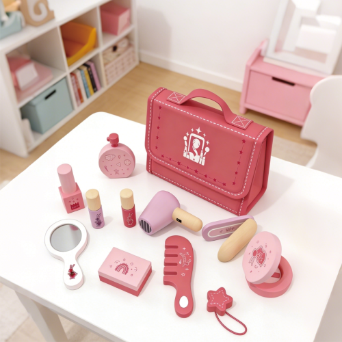 Custom Wooden Pretend Makeup Set for Little Girls,Safe Dress Up Toy with Case