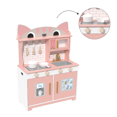 Custom Cat Shape Wooden Play Kitchen Set, Pink Pretend Cooking Toy for Ages 3-6