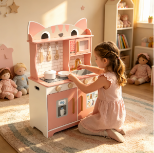 Custom Cat Shape Wooden Play Kitchen Set, Pink Pretend Cooking Toy for Ages 3-6