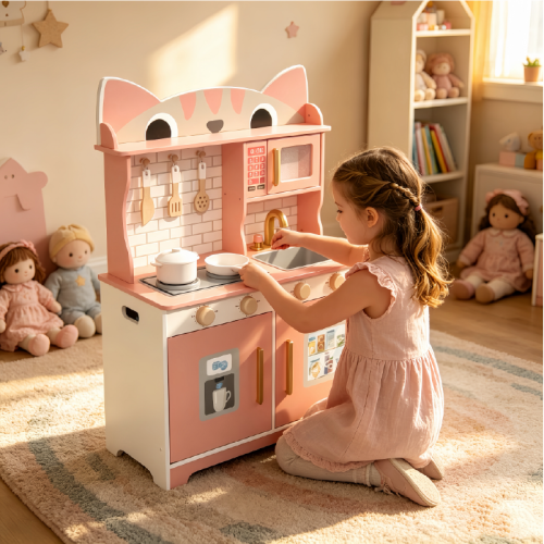 Custom Cat Shape Wooden Play Kitchen Set, Pink Pretend Cooking Toy for Ages 3-6