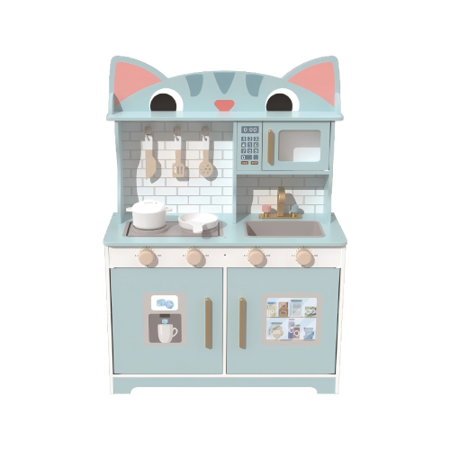 Cat Shape Wooden Play Kitchen Set, MintGreen Pretend Cooking Toy for Ages 3-6