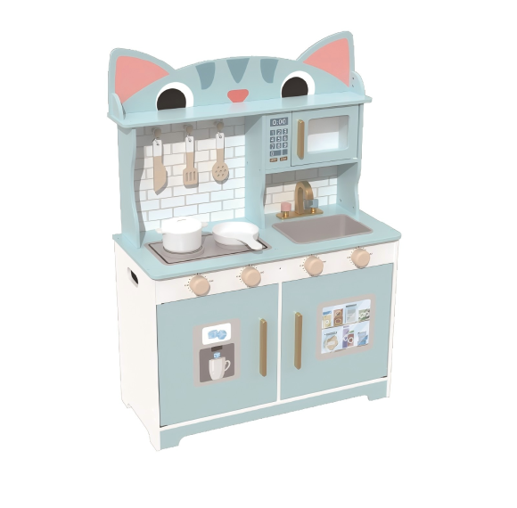 Cat Shape Wooden Play Kitchen Set, MintGreen Pretend Cooking Toy for Ages 3-6