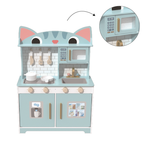 Cat Shape Wooden Play Kitchen Set, MintGreen Pretend Cooking Toy for Ages 3-6