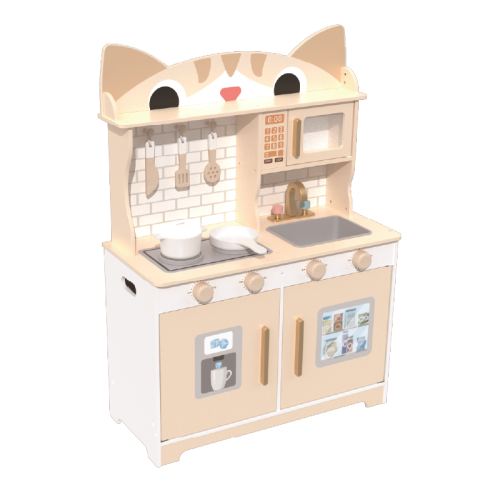 Cat Shape Wooden Play Kitchen Set, Cute Beige Pretend Cooking Toy for Ages 3-6