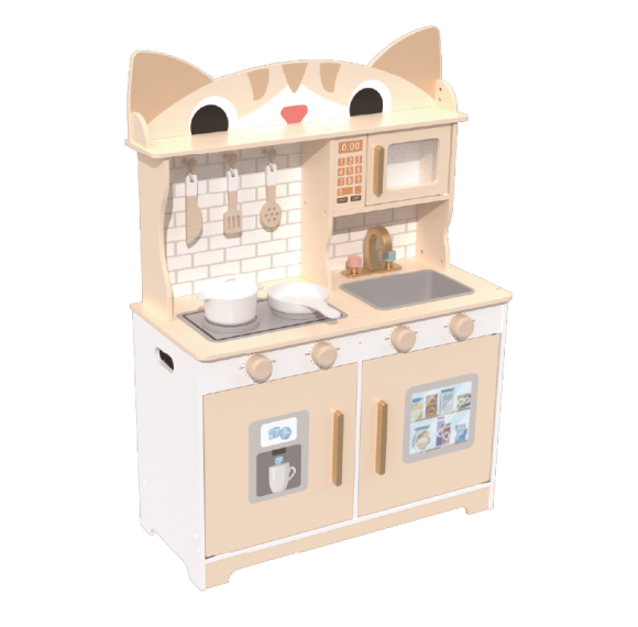 Cat Shape Wooden Play Kitchen Set, Cute Beige Pretend Cooking Toy for Ages 3-6