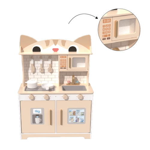 Cat Shape Wooden Play Kitchen Set, Cute Beige Pretend Cooking Toy for Ages 3-6