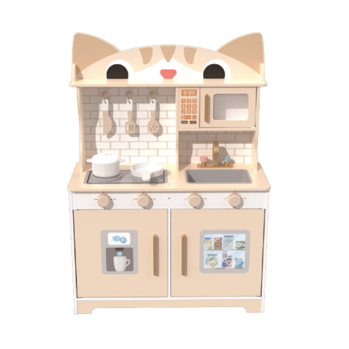 Cat Shape Wooden Play Kitchen Set, Cute Beige Pretend Cooking Toy for Ages 3-6