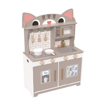 Cat Shape Wooden Play Kitchen Set,  Grey Pretend Cooking Toy for Ages 3-6
