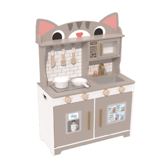 Cat Shape Wooden Play Kitchen Set, Grey Pretend Cooking Toy for Ages 3-6