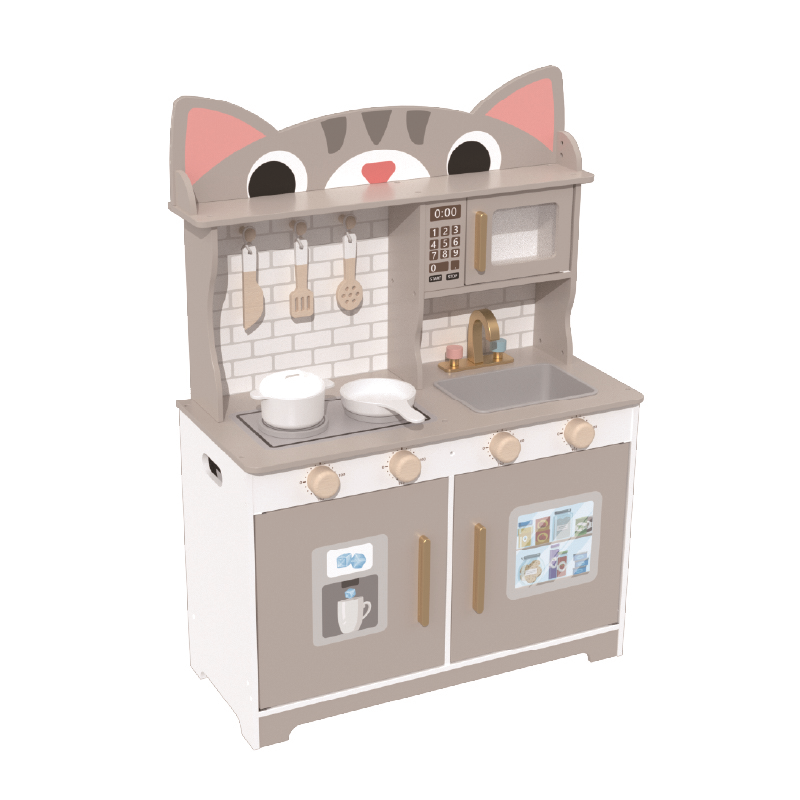 Cat Shape Wooden Play Kitchen Set, Grey Pretend Cooking Toy for Ages 3-6