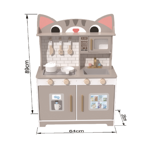 Cat Shape Wooden Play Kitchen Set,  Grey Pretend Cooking Toy for Ages 3-6