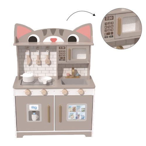 Cat Shape Wooden Play Kitchen Set,  Grey Pretend Cooking Toy for Ages 3-6