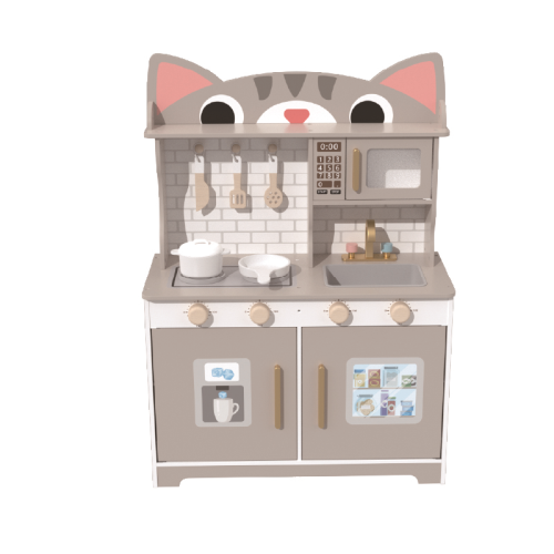 Cat Shape Wooden Play Kitchen Set,  Grey Pretend Cooking Toy for Ages 3-6