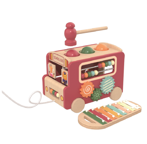 Custom Wooden School Bus Pounding Toy with Xylophone for Kids-Kidmerry