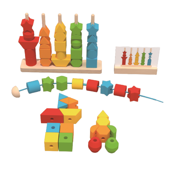 Custom Wooden Shape Sorting & Beading Toy,Stacking Columns with Pegs & Cards