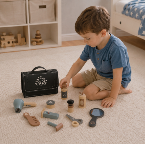 Custom Wooden Montessori Pretend Barber Shop Set for Kids Role Play - Kidmerry