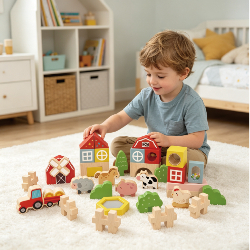 Custom Wooden Farm Building Block Playset,Barn & Animal Farm Toys for Toddlers