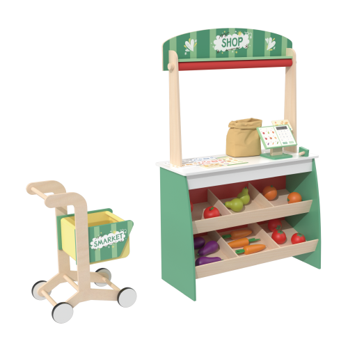 Custom Wooden Supermarket Play Stand with Shopping Cart & Grocery Accessories for Kids