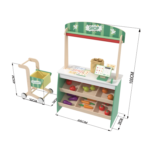 Custom Wooden Supermarket Play Stand with Shopping Cart & Grocery Accessories for Kids
