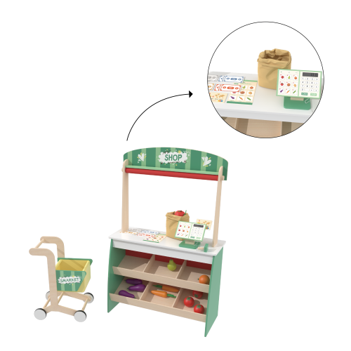 Custom Wooden Supermarket Play Stand with Shopping Cart & Grocery Accessories for Kids