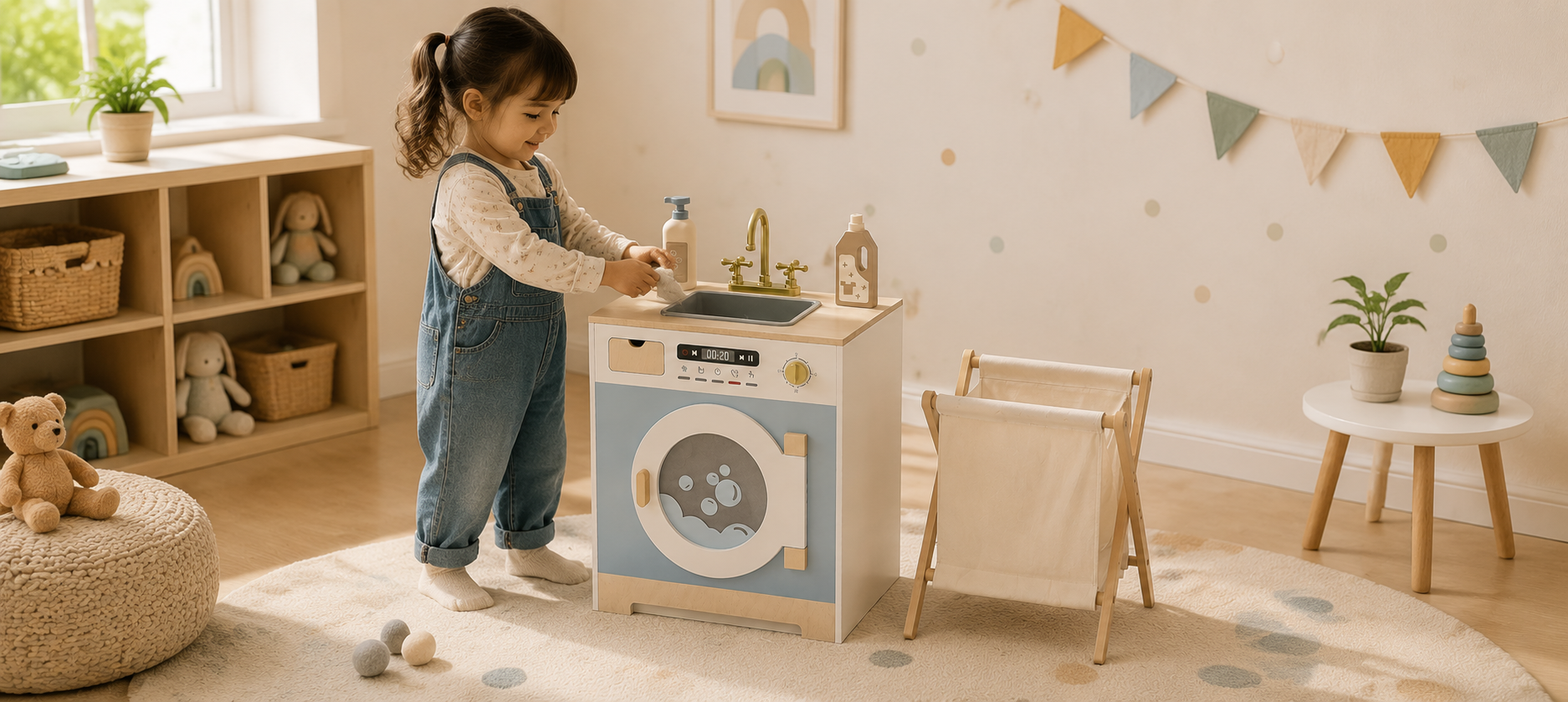 Child playing with toy washing machine