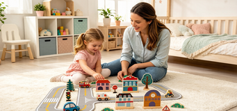 Child playing with colorful building blocks