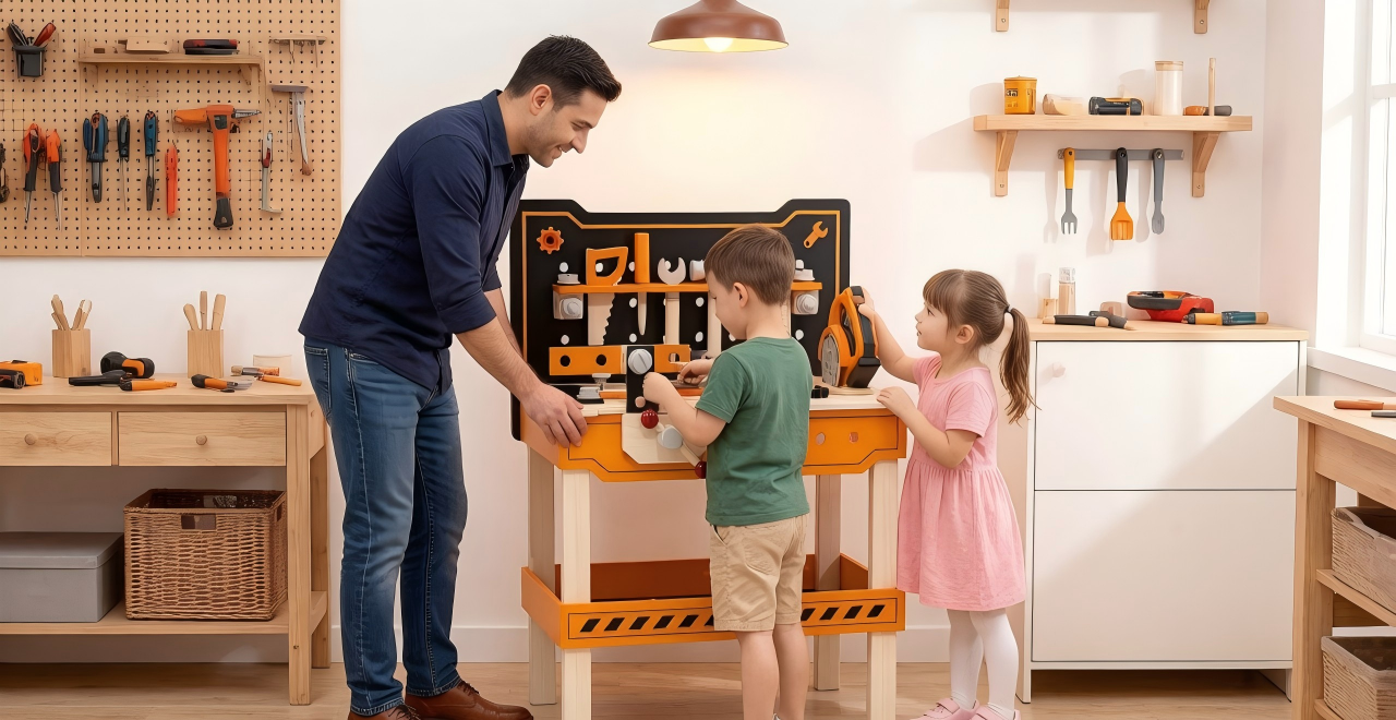 Toddler playing with  engineering workshop