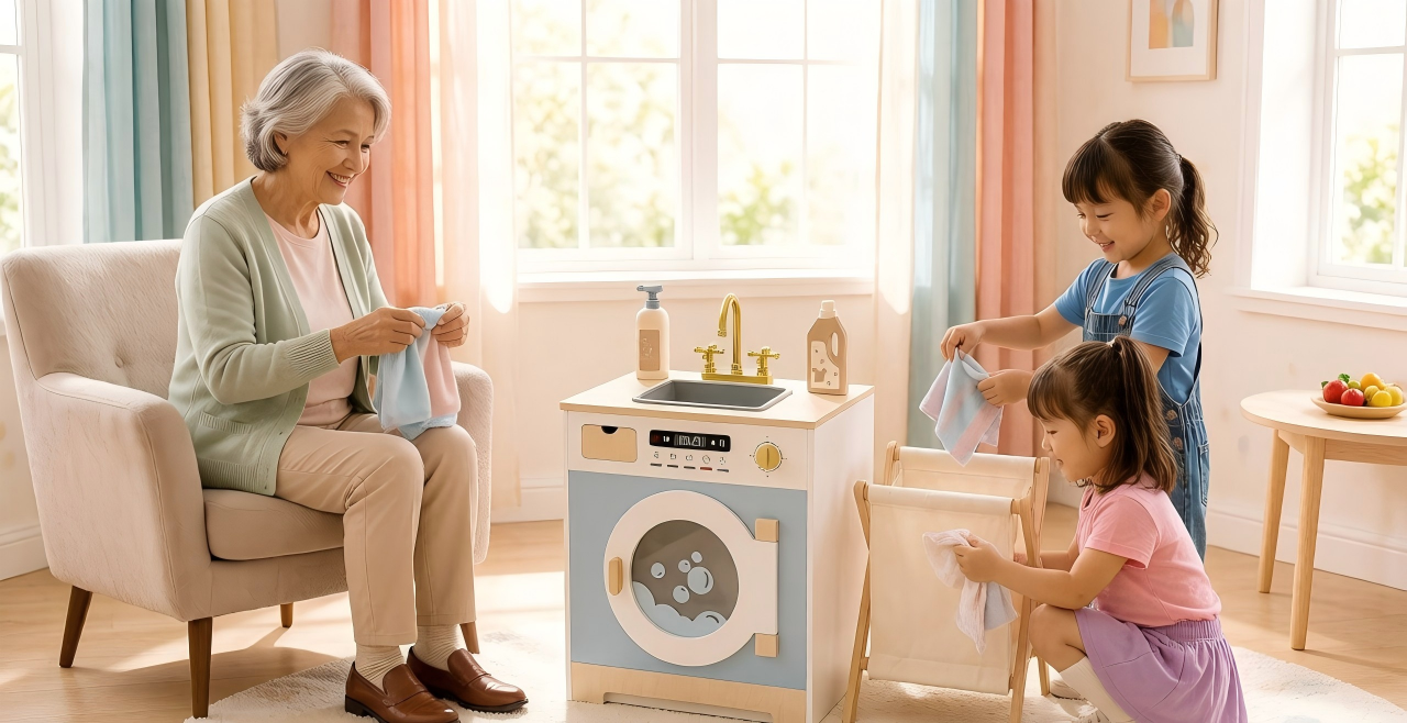 Pretend washing at sink