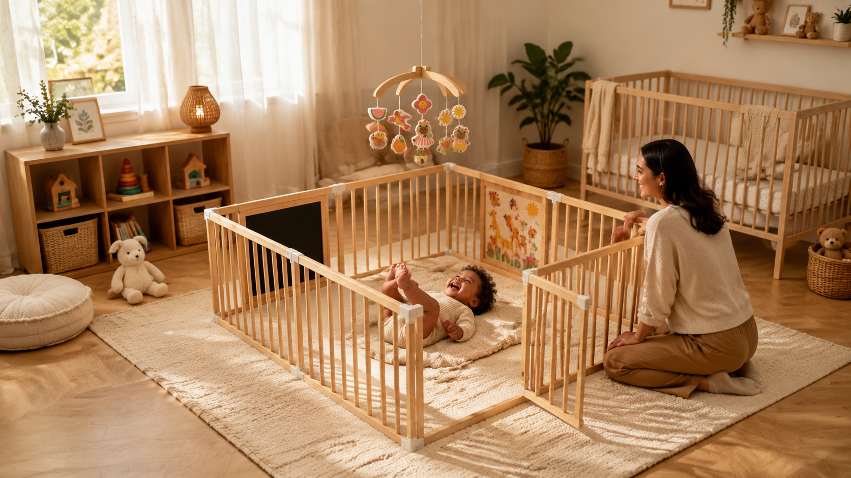 Cozy nursery with baby crib mobile