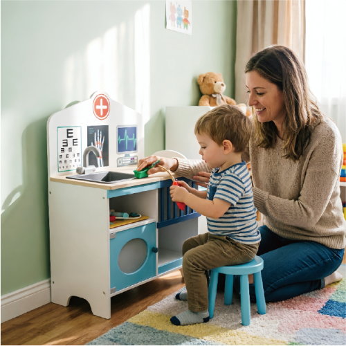 Custom Wooden Doctor Play Station with Medical Kit, Sink, Patient Bed & Storage Cabinet for Kids