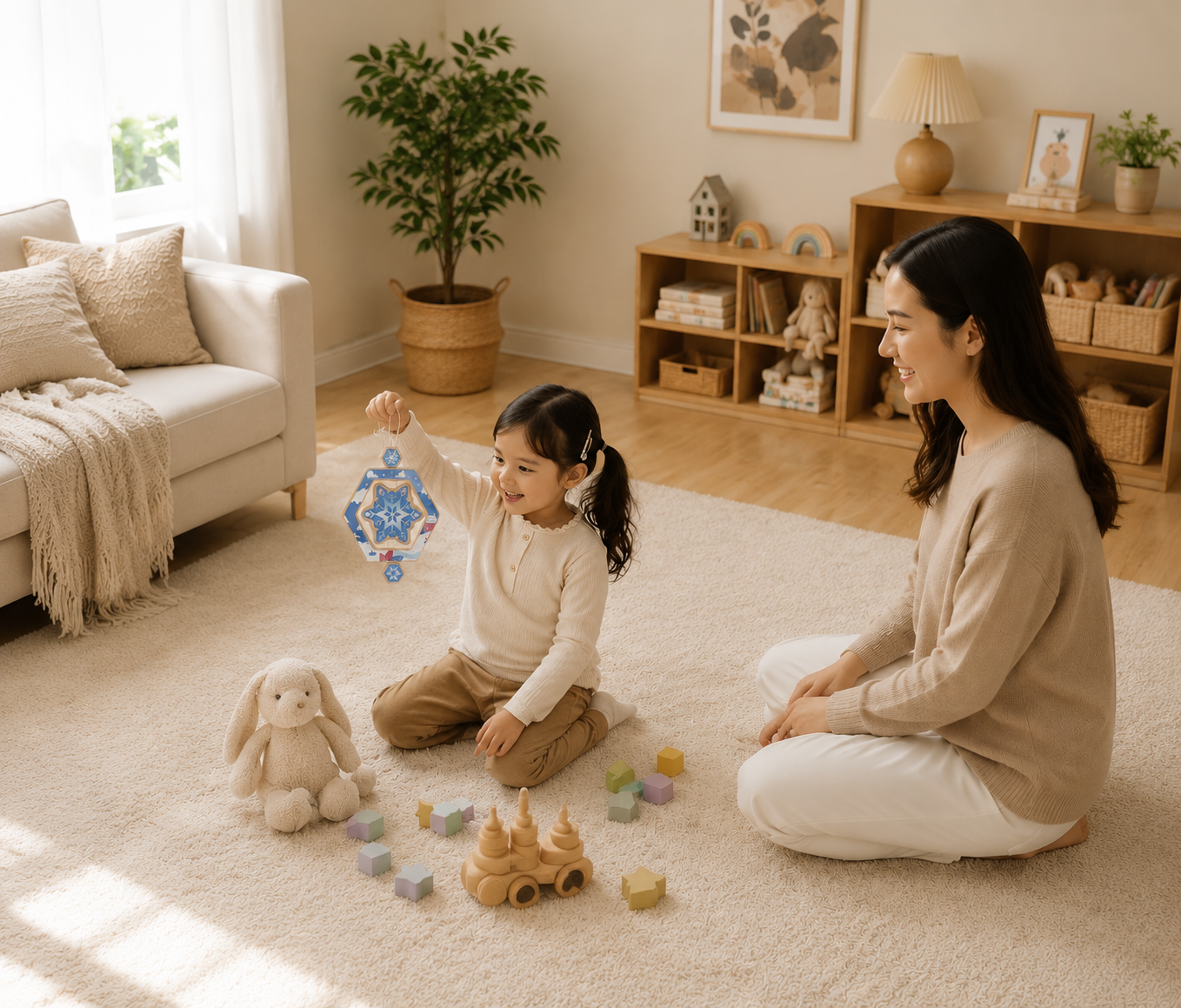 Child exploring wooden spinning toy