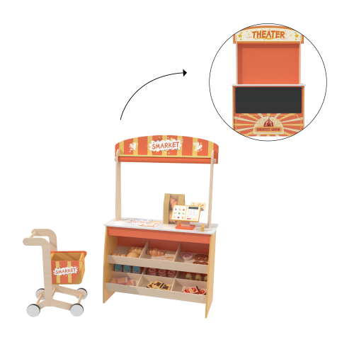 Custom Reversible Wooden Supermarket Play Stand with Shopping Cart & Grocery Accessories for Kids