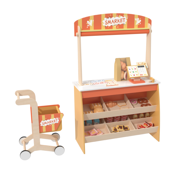 Custom Reversible Wooden Supermarket Play Stand with Shopping Cart & Grocery Accessories for Kids