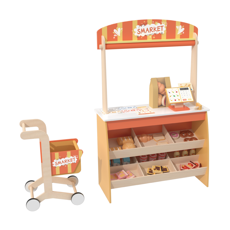 Custom Reversible Wooden Supermarket Play Stand with Shopping Cart & Grocery Accessories for Kids