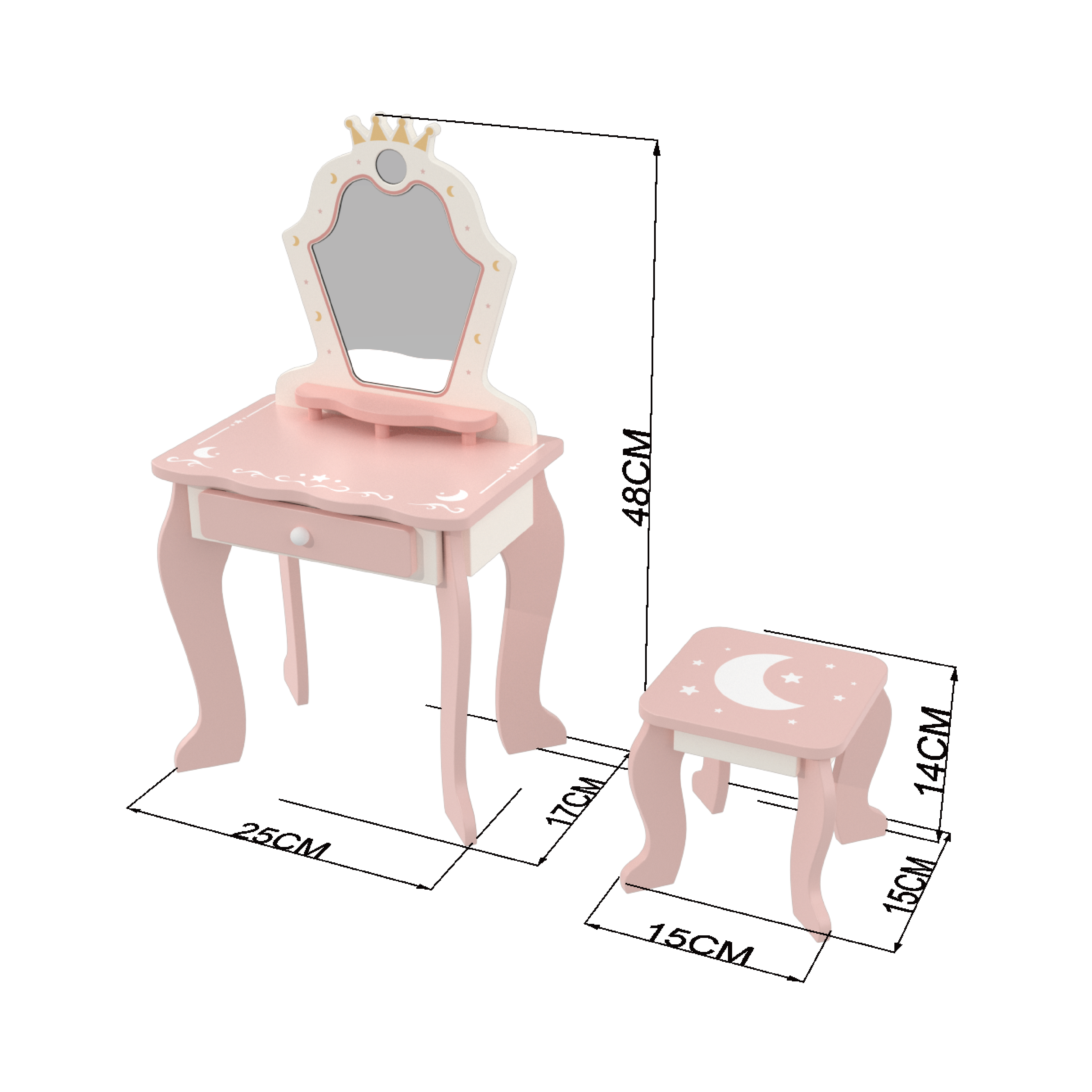Princess vanity close-up with crown mirror and jewelry