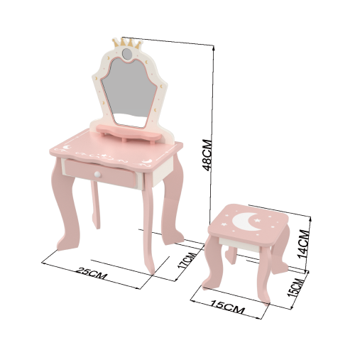 Custom Princess Crown Star Moon Wooden Vanity Dressing Table & Stool Set for Kids Pretend Play