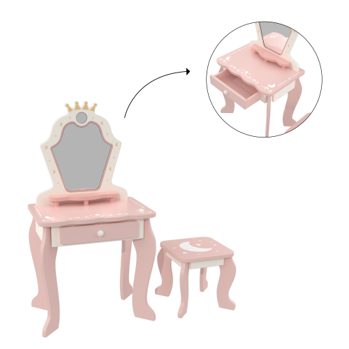 Custom Princess Crown Star Moon Wooden Vanity Dressing Table & Stool Set for Kids Pretend Play