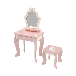 Custom Princess Crown Star Moon Wooden Vanity Dressing Table & Stool Set for Kids Pretend Play