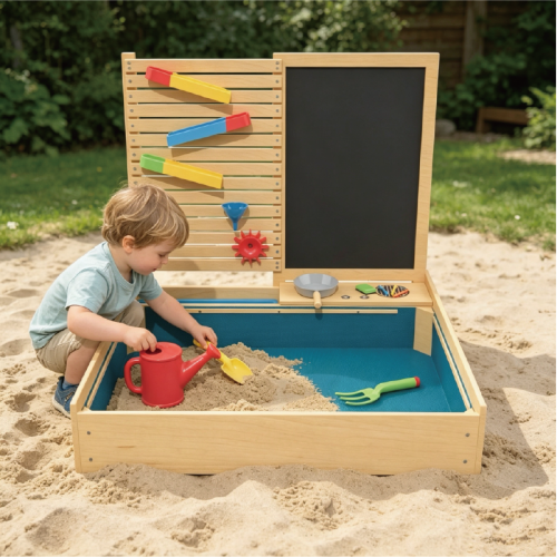Custom Wooden Sand Water Activity Table Ball Track Double-Sided Chalkboard Lid for Kids