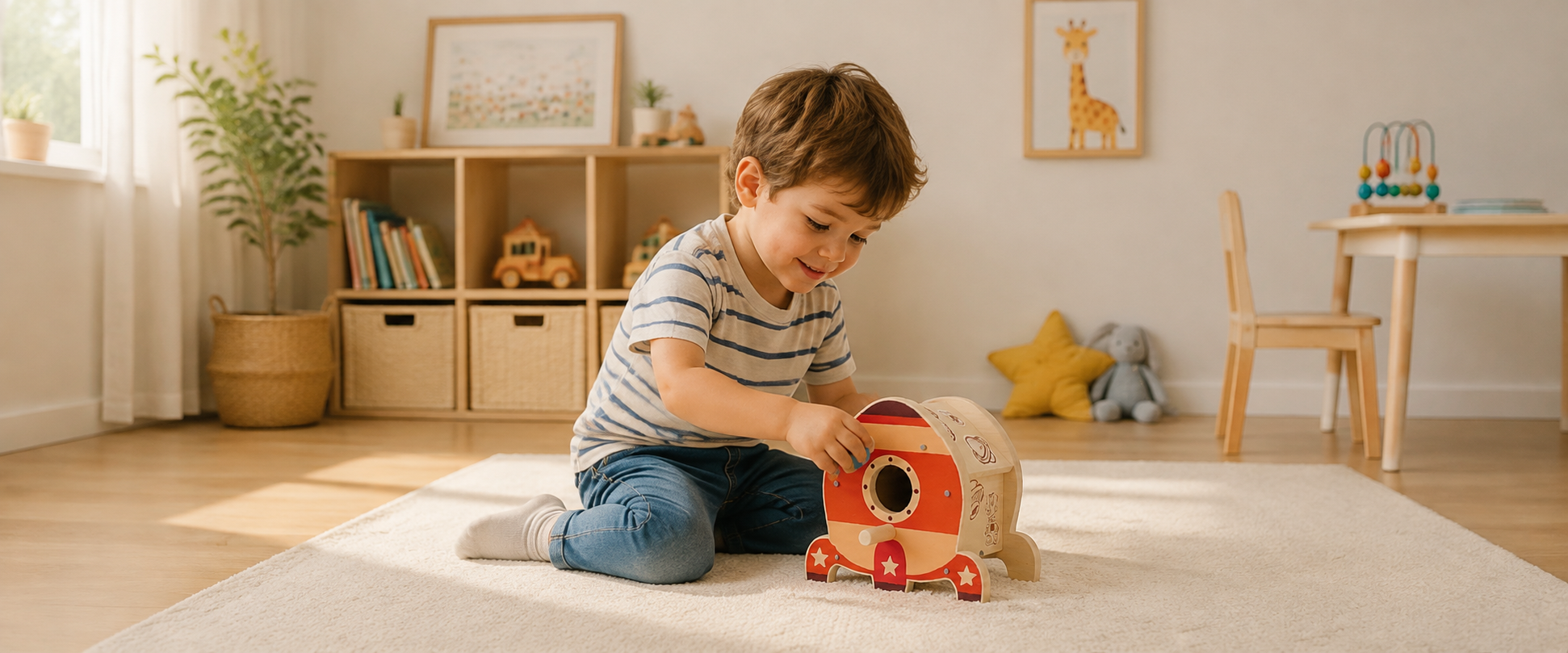 Wooden birdhouse ball drop toy in a cozy nursery setting