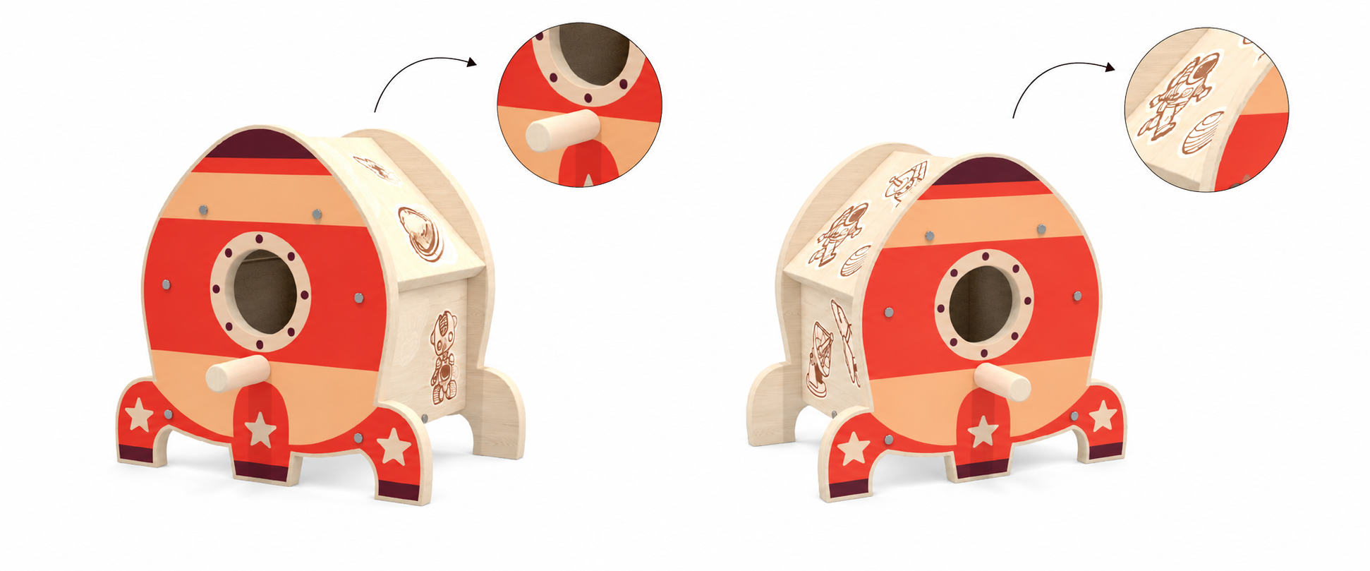 Space-themed eco ink print detail on wooden birdhouse ball drop toy