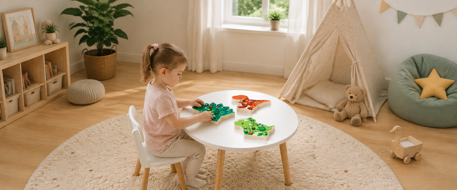 Toddler playing with wooden dinosaur busy board set at home