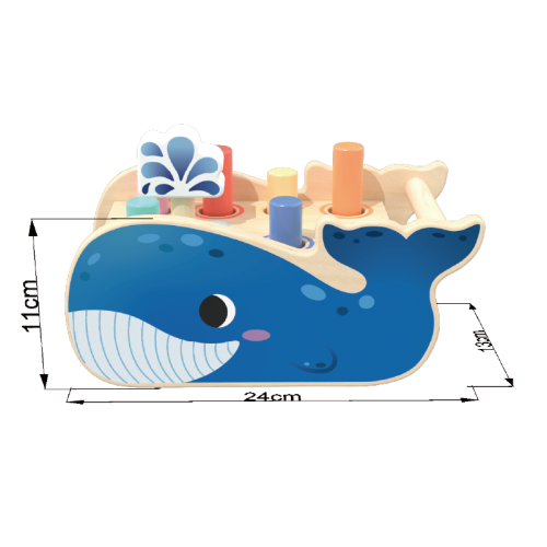 Custom Wooden Whale Pounding Bench with 8 Macaron Pegs & Wave Hammer for Toddlers 1-3Y