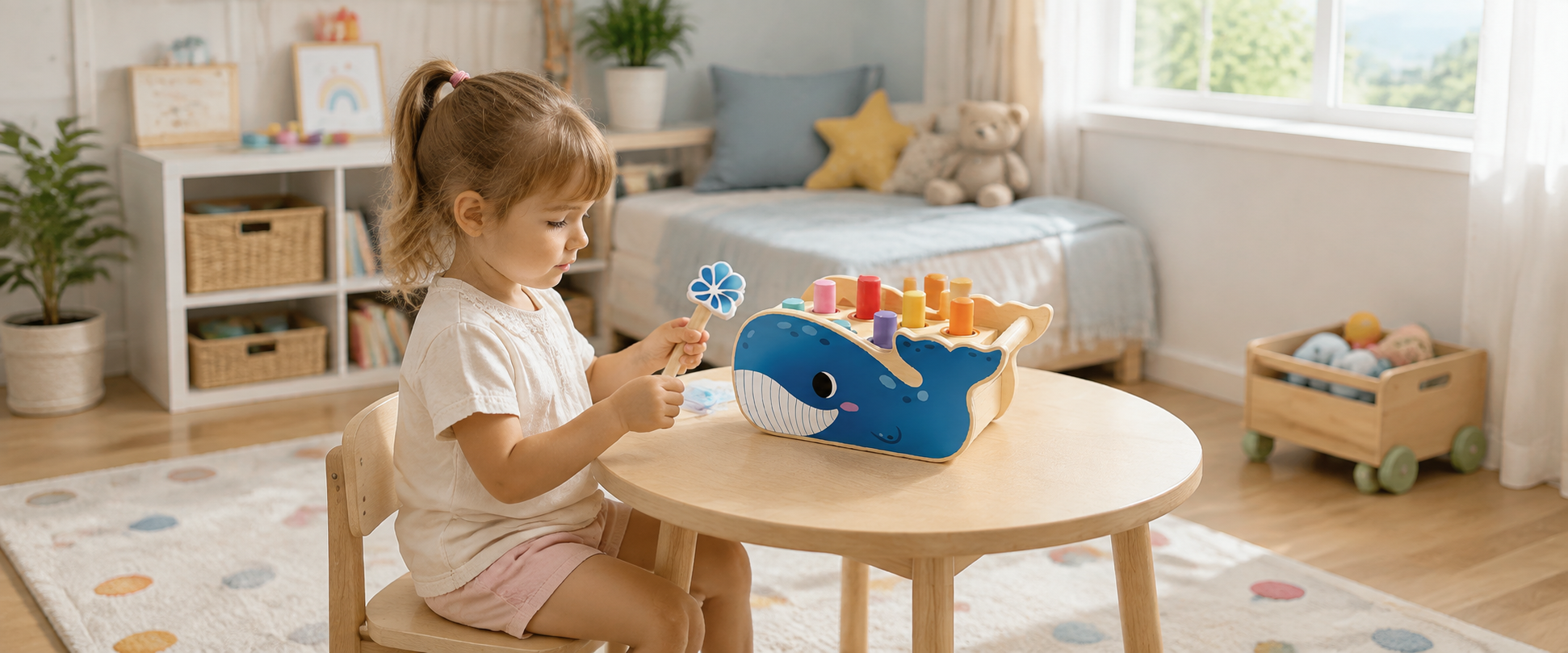 Toddler playing with wooden whale pounding bench at home