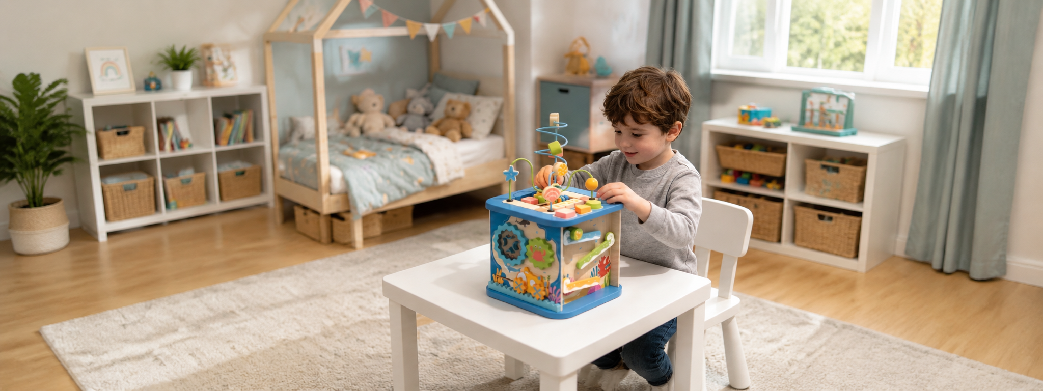 Toddler playing with forest farm wooden activity cube in cozy playroom