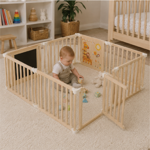 Custom Wooden Baby Playpen with Giraffe Panel, Chalkboard Door,  Toddler Safety Fence