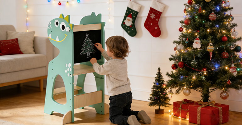 Designer holding wooden toy prototype with technical drawing